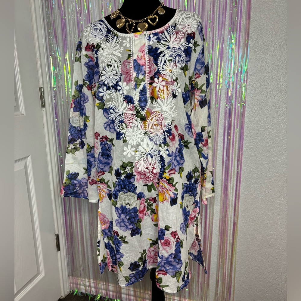 Vintage Goa Floral Embroidered White Cotton Tunic Dress W/Blue & Pink Blooms NWT